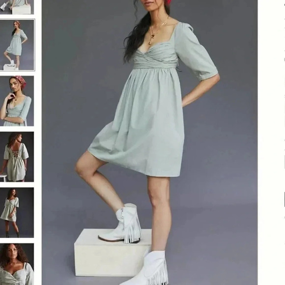 NWT Anthropologie Ruched Puff-Sleeved Babydoll Blue Cotton Mini Dress Size Small - Picture 3 of 3